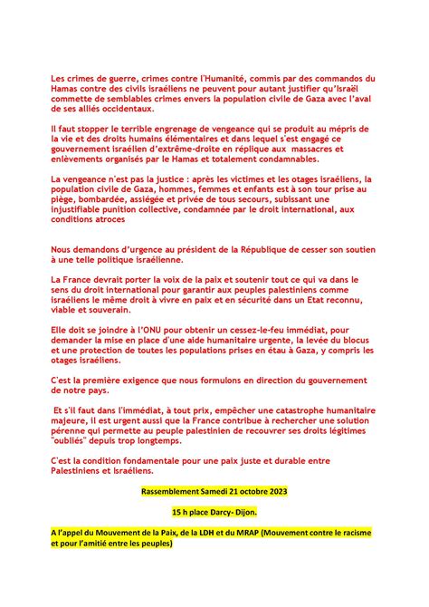 Rassemblement Pour La PAIX Samedi 21 Octobre 2023 15h00 Place Darcy