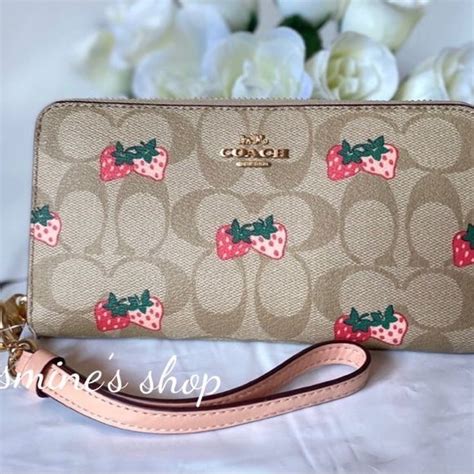 Nwt Coach Long Zip Around Wallet In Signature Canvas With Strawberry Print Cb593 Strawberry