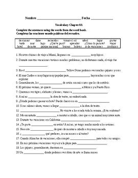 Realidades 1 Chapter 8A Vocabulary Exercise 2 Quiz Activity By