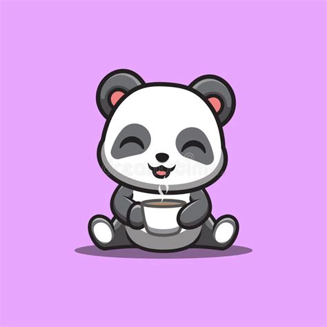 Panda Sitting Drink Coffee Cute Creative Kawaii Cartoon Mascot Logo