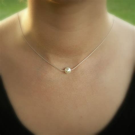 Floating Pearl Necklace Thin Silver Chain Single Pearl Etsy