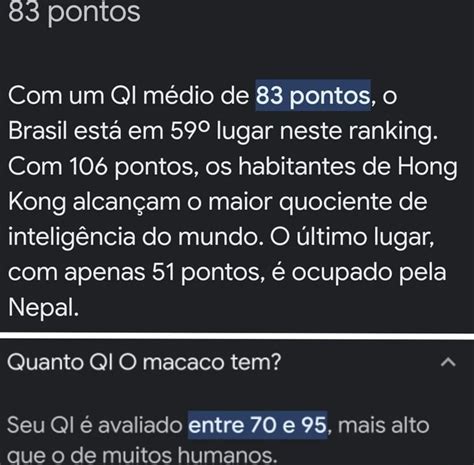 83 pontos um QI médio de 83 pontos o Brasil está em lugar neste