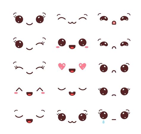 Set of kawaii faces. Collection of kawaii eyes and mouths with different emotions. Vector ...