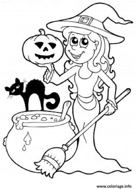 Coloriage Sorciere Halloween Chat Citrouille JeColorie