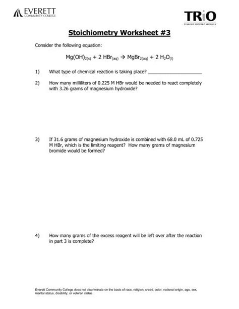 Stoichiometry Worksheet #3 - Everett Community College - Worksheets Library