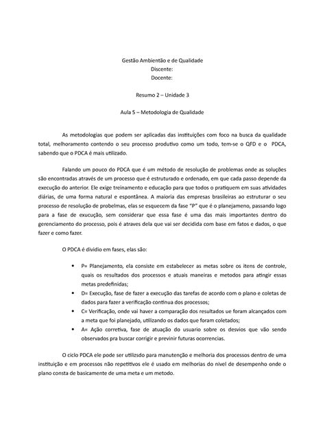 Resumo 2 Unidade 3 Gestão Ambientão E De Qualidade Discente Docente