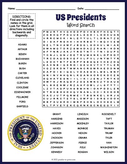 Free Printable Presidents Day Word Search