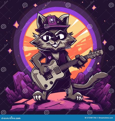 Cartoon Styled Raccoon Rock Star Playing On Guitar Illustration For