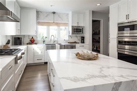 Outfit Modern White Kitchen With Marble Countertops And Stainless Steel