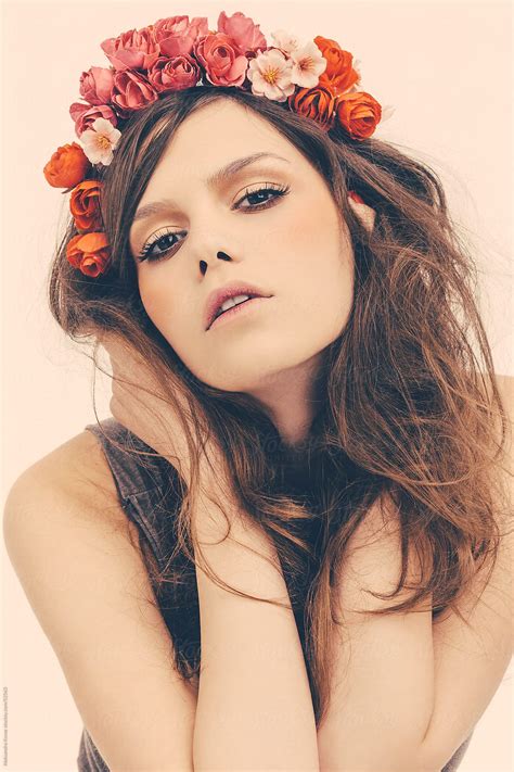 Beauty Portrait Of Woman With Wavy Hair And Rose Flower Crown By Alexandra Bergam