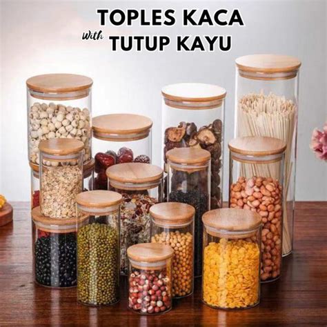 Jual Toples Kaca Tutup Kayu Tempat Penyimpanan Makanan Kue Bumbu Dapur