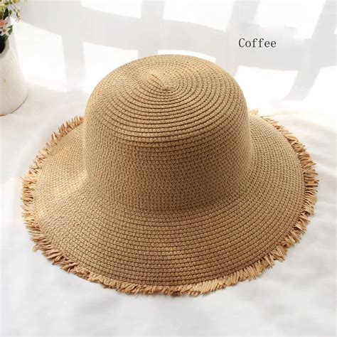 2017 New Women Natural Wide Brim Burr Raffia Straw Hats Fringe Women Plain Large Beach Summer