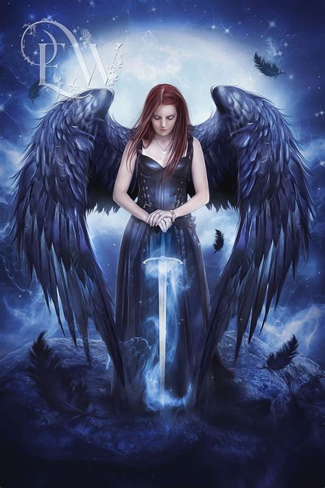 Fantasy Warrior Angel With Dark Wings Art Print Full Moon Etsy Canada