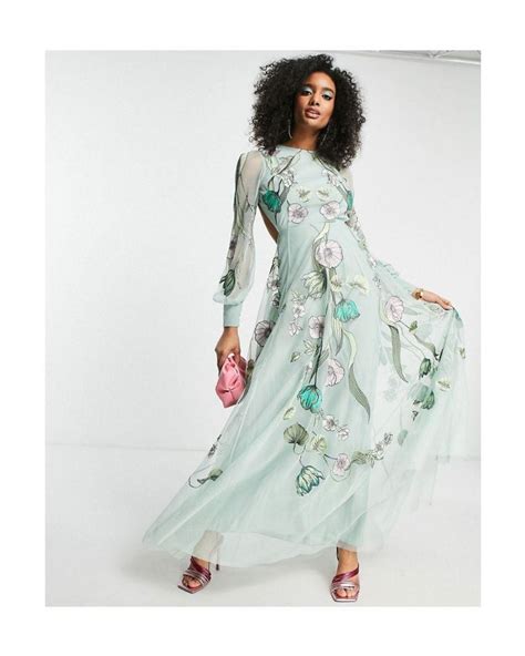 Asos Embroidered Floral Nouveau Placement Maxi Dress In Green Lyst Uk