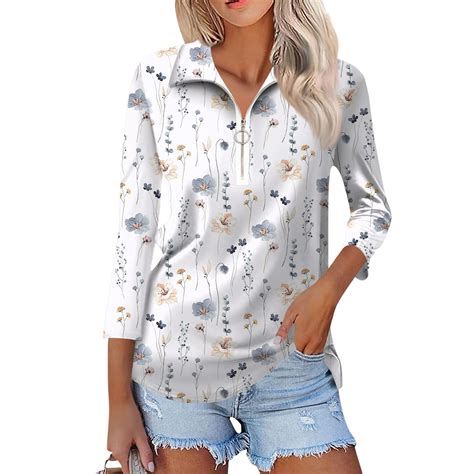 Mohiass Lapel 14 Zip Polo Shirts For Women Floral Print V Neck Collared 34 Sleeve Tops 2024