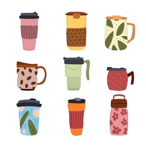 Reusable Coffee Cup Set Cartoon Illustration 43256589 Vector Art At Vecteezy