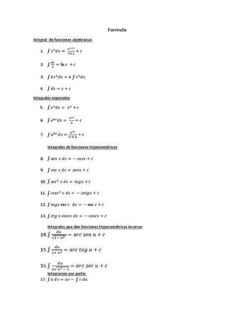 Formula De Integrales Pdf Integral Funciones Trigonométricas