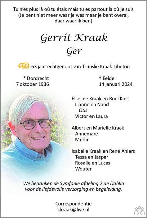 Gerrit Ger Kraak 14 01 2024 Overlijdensbericht En Condoleances