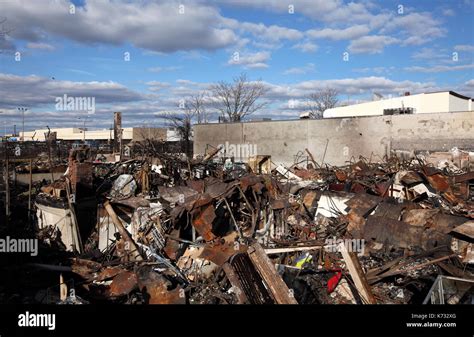 Burned Out Buildings And Debris In The Aftermath Of Hurricane Sandy In