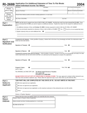 Fillable Online Tax Ri RI 2688 Application For Additional Extension Of