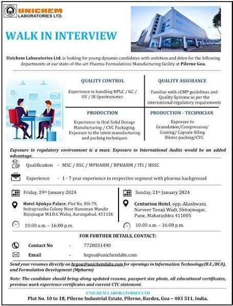 Unichem Laboratories Walk In Interview For Production Quality Control