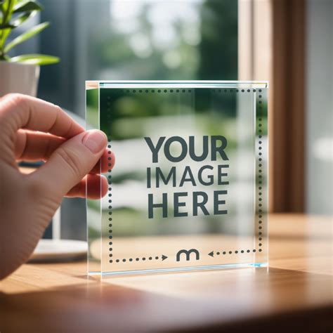 Display Case Acrylic Block Mockup On A Wooden Surface Mediamodifier