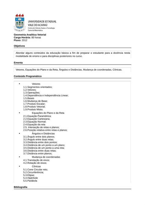 PDF Geometria Analítica Vetorial Objetivos Ementamatematicauva org