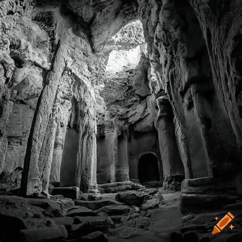 Adventurous Archaeologist Exploring Ancient Ruins In A Cave In Black