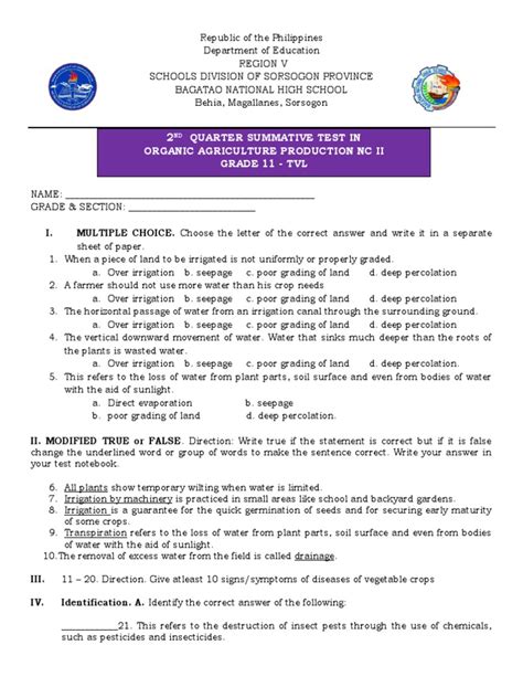 2nd Quarter Summative Test In Organic Agriculture Production Nc Ii