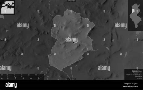 Kassérine Governorate Of Tunisia Grayscaled Map With Lakes And Rivers