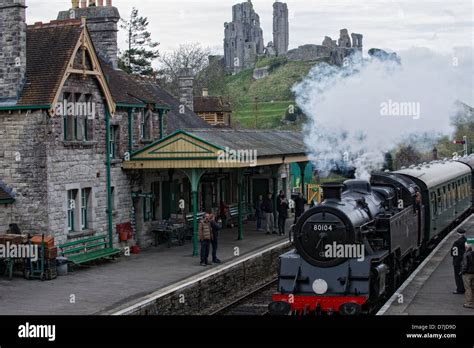 Swanage Steam Railway Train Arriving In Corfe Castle Railway Station