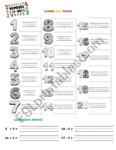 Learn And Trace Numbers 1 20 Esl Worksheet By Zala5