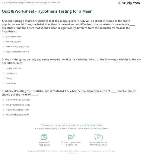 Quiz Worksheet Hypothesis Testing For A Mean Study