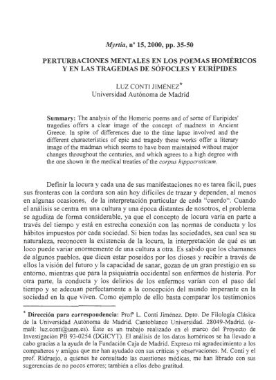 Perturbaciones mentales en los poemas homéricos y en las tragedias de