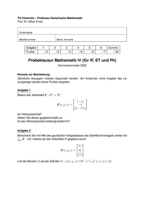 Probeklausur Ss2022 TU Chemnitz Professur Numerische Mathematik