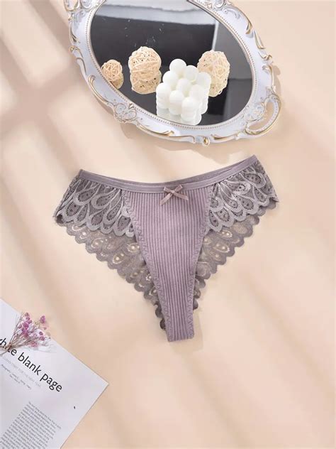 Plus Size Elegant Panties Set Women S Plus Floral Jacquard Contrast Lace Ribbed Panties Five