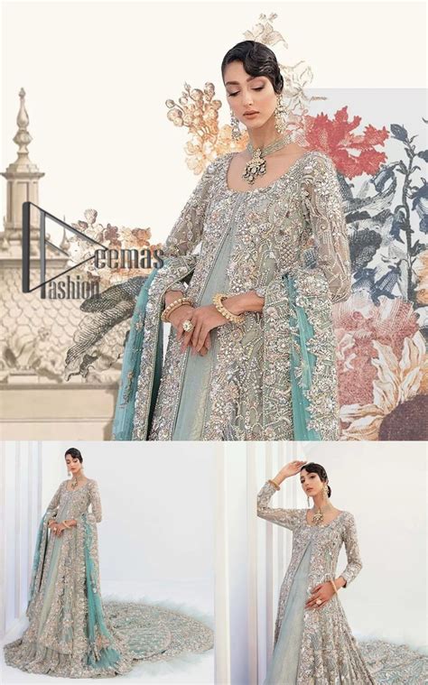 Pakistani Wedding Dress Ice Blue Front Open Maxi Back Train Lehenga