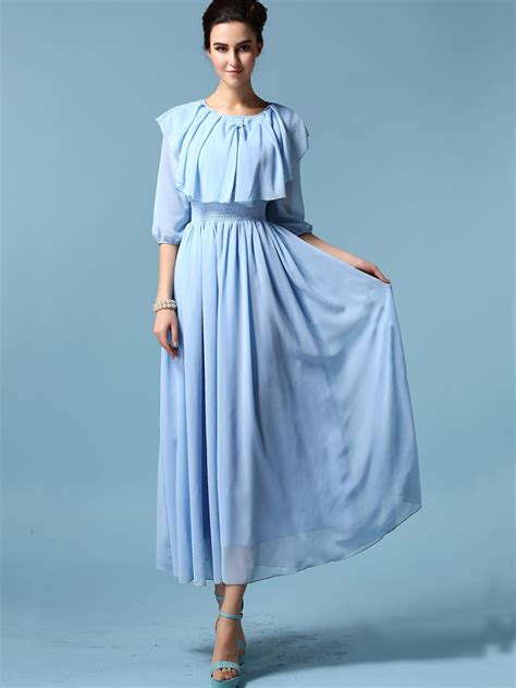 Pale Blue Round Neck Chiffon Pleated Dress Maxi Dress With Sleeves Maxi Dress Long Summer