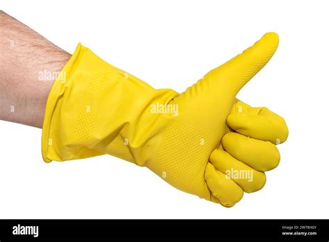 A Hand In Yellow Rubber Gloves Shows A Thumbs Up On A White Background