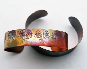 Etched Copper Cuff Bracelet Pattern Design Slim Size Etsy