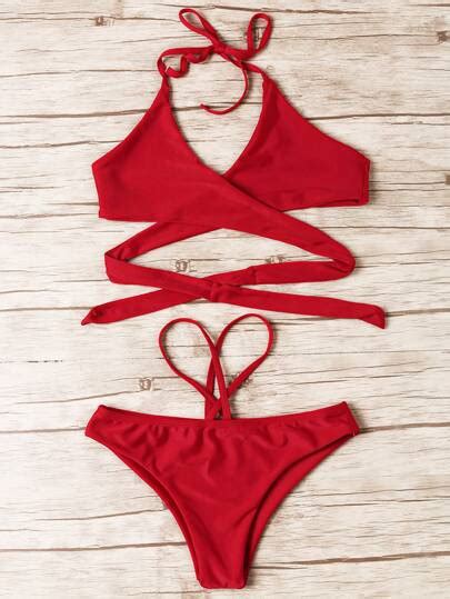 Cross Front Lace Up Halter Bikini Set SheIn Sheinside