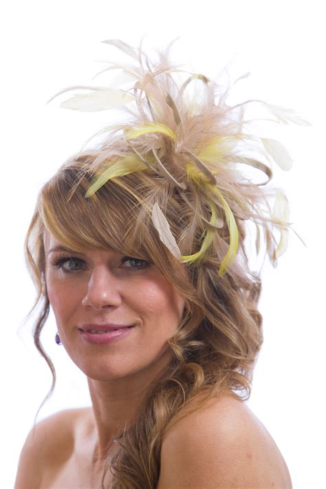 Taupe Nude Satin And Feathers With Yellow Highlights Feather Small Fascinator Hat Abbie