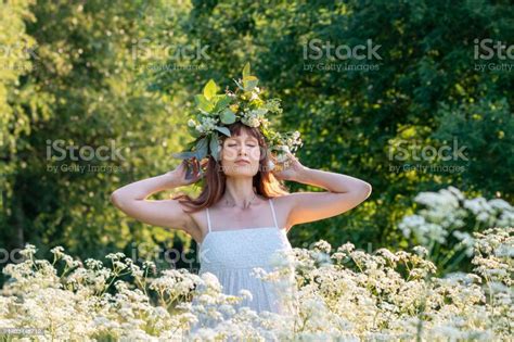 Beautiful Brunette Woman In Flower Wreath Summer Solstice Day Midsummer