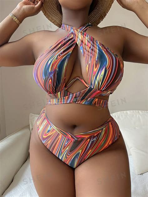 SHEIN Swim Curve Summer Beach Plus Size Allover Print Cut Out Halter High Waist Bikini Set