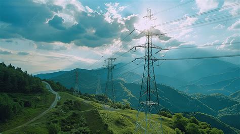 Fondo Torre De Líneas Eléctricas De Alto Voltaje En La Montaña Verde Fondo Energía Líneas