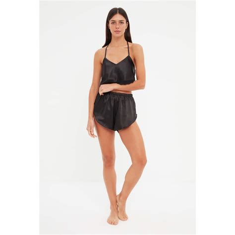 Trendyol Black Lace Rope Strap Crop Satin Woven Pajama Set