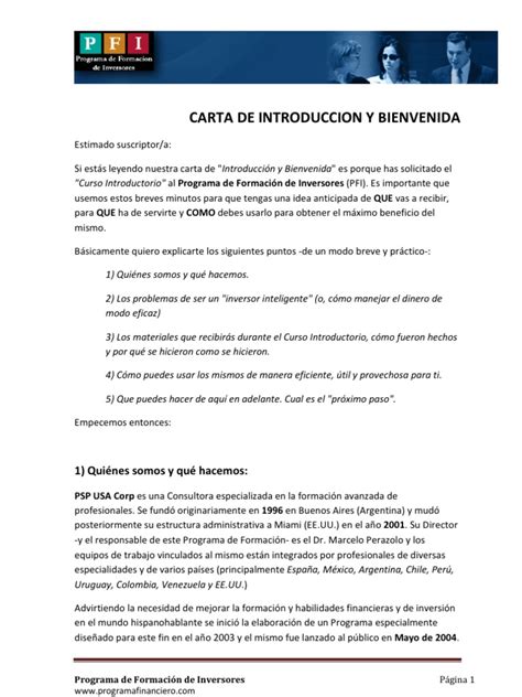 Carta De Introduccion Y Bienvenida