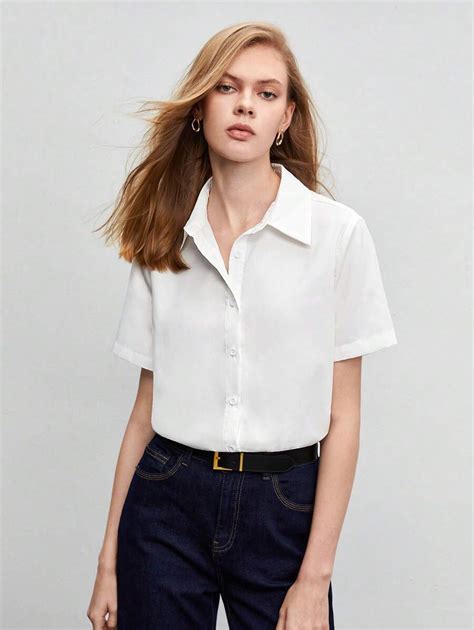 Shein Bizwear Solid Button Front Shirt Workwear White Button Up Shirt