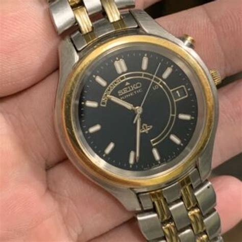 Mens Seiko Kinetic 5m42 0a19 Two Tone Black Dial Date Watch Works L