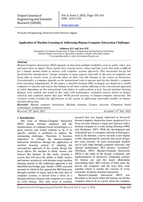 (PDF) Application of Machine Learning in Addressing Human Computer ...